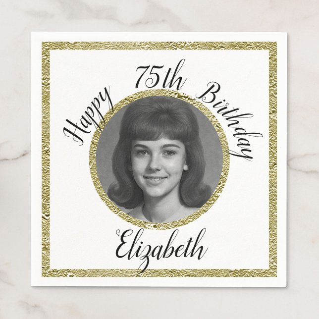 Guardanapo De Papel 75th Custom Photo White and Gold Birthday (Criador carregado)