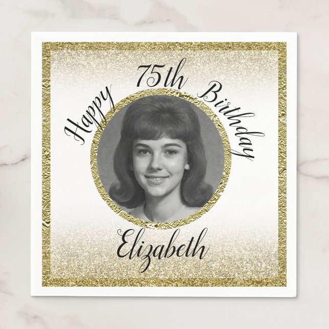 Guardanapo De Papel 75th Custom Photo White and Gold Birthday (Criador carregado)