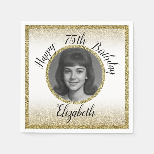 Guardanapo De Papel 75th Custom Photo White and Gold Birthday (Frente)