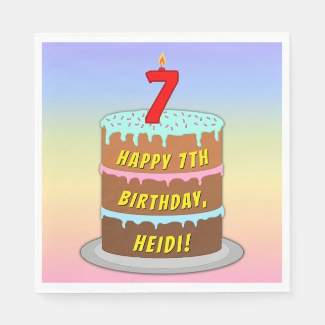 Guardanapo De Papel 7 Aniversário: Bolo e Vela Divertidos + Nome Perso (Frente)