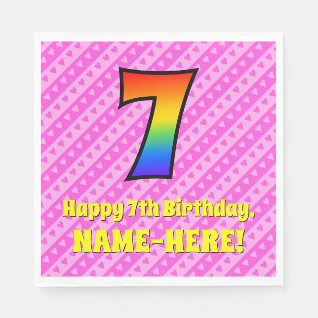 Guardanapo De Papel 7 Aniversário: Tiras e Corações Rosa, Arco-Íris #  (Frente)