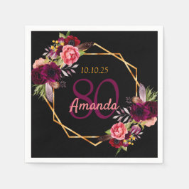 Guardanapo De Papel 80 aniversário floral preto burgundy geométrico