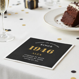 Guardanapo De Papel 80 Aniversário Nome 1946 Chic Preto Dourado Elegan