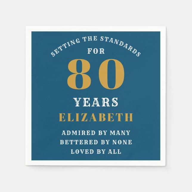 Guardanapo De Papel 80 Birthday Azul E Dourado Adicione Seu Nome (Frente)