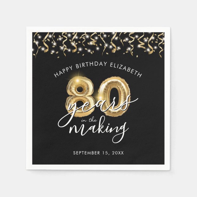 Guardanapo De Papel 80 Birthday Black Dourado Script Balloon Streamers (Frente)