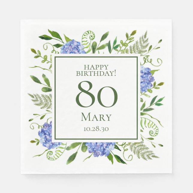 Guardanapo De Papel 80 Birthday Blue Hydrangeas (Frente)