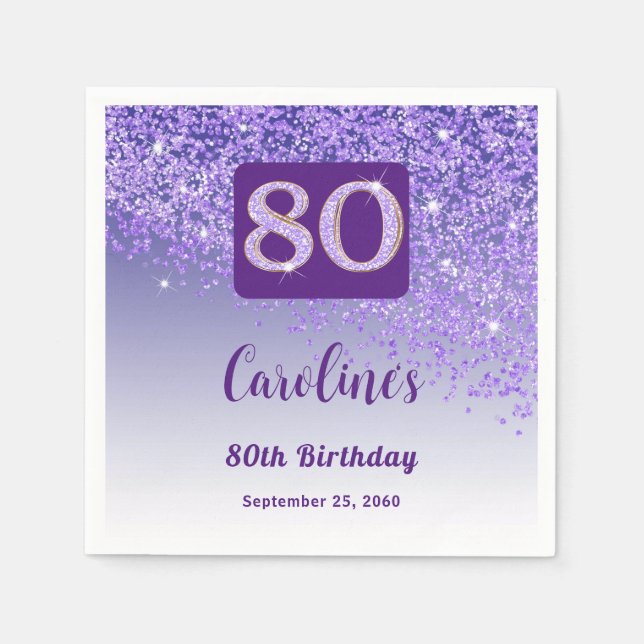 Guardanapo De Papel 80 Birthday Bonito Roxo Glitter (Frente)