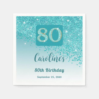 Guardanapo De Papel 80 Birthday Bonito Teal Blue Glitter Napkins