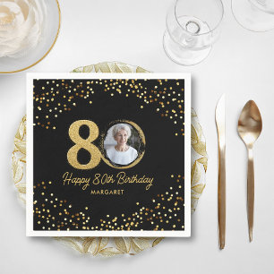 Guardanapo De Papel 80 Birthday Foto Elegante Negra Dourada Brilhante