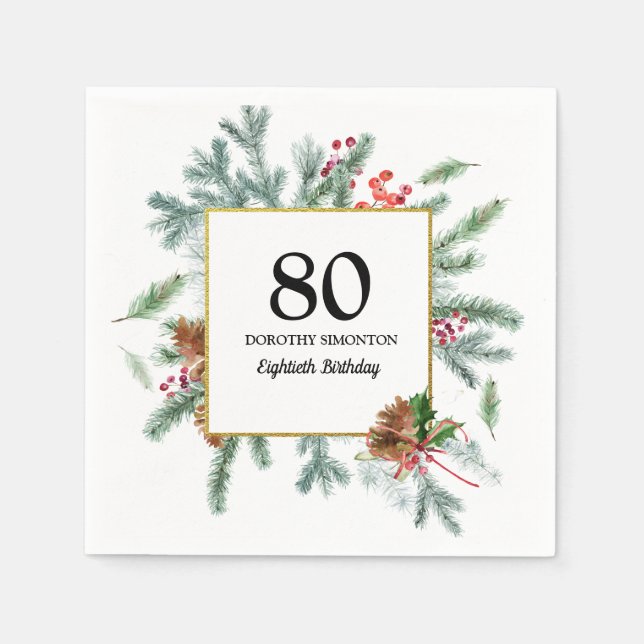 Guardanapo De Papel 80 Birthday Rustic Winter Greenery (Frente)