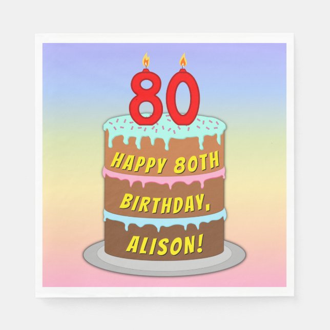 Guardanapo De Papel 80 de aniversário: Bolo e Velas Divertidas + Nome  (Frente)