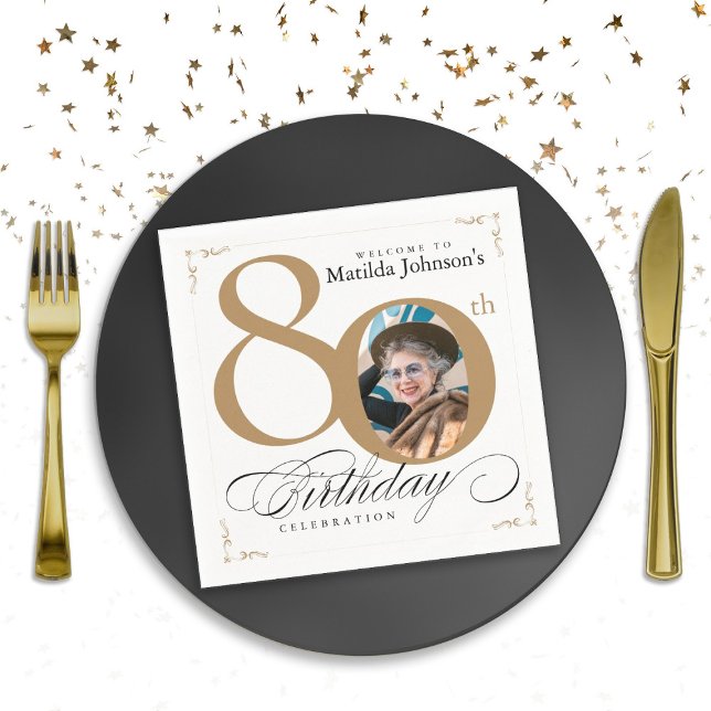 Guardanapo De Papel 80 de Fotografia Personalizada da Caligrafia Branc (80th Birthday Gold White Calligraphy Custom Photo Napkins)