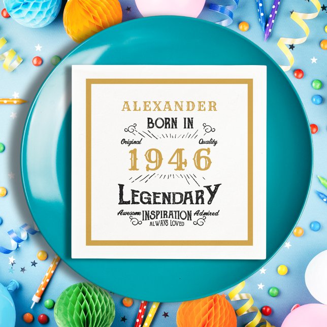 Guardanapo De Papel 80th Birthday Born 1946 White Gold Legend (Born 1946 napkin on a blue plate.)