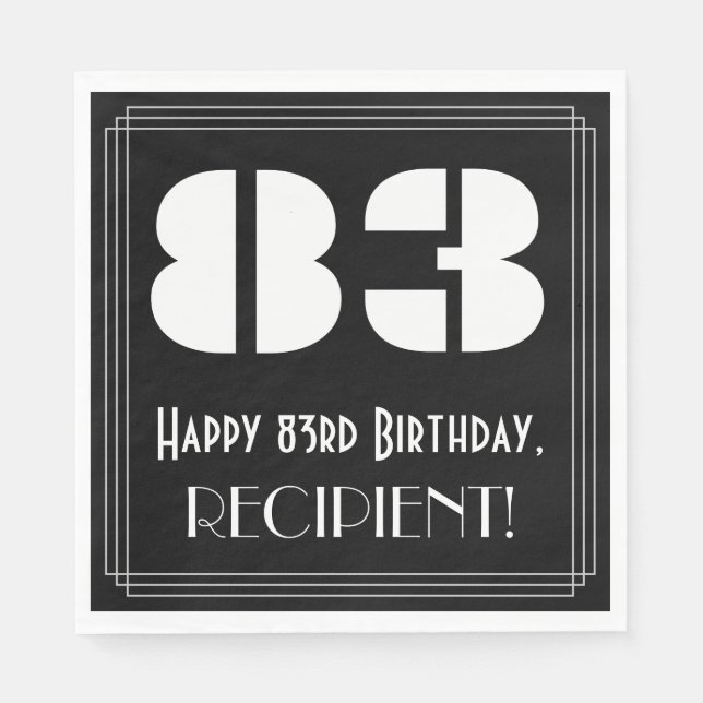 Guardanapo De Papel 83º Aniversário: Art Deco Inspirou "83" + Nome (Frente)