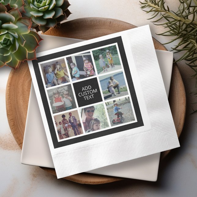 Guardanapo De Papel 8 Colagem de Fotos - branco preto - Texto Personal (Fun party napkins with 8 photos and text - personalized party napkins)