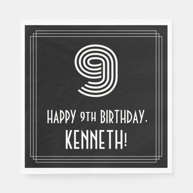 Guardanapo De Papel 9º aniversário: Art Deco Inspira "9" + Nome (Frente)