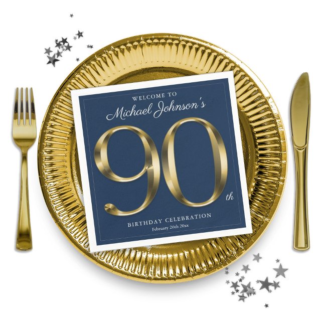 Guardanapo De Papel 90 Azul e Dourado Elegante Aniversário (Navy Blue and Gold Elegant 90th Birthday Napkins)
