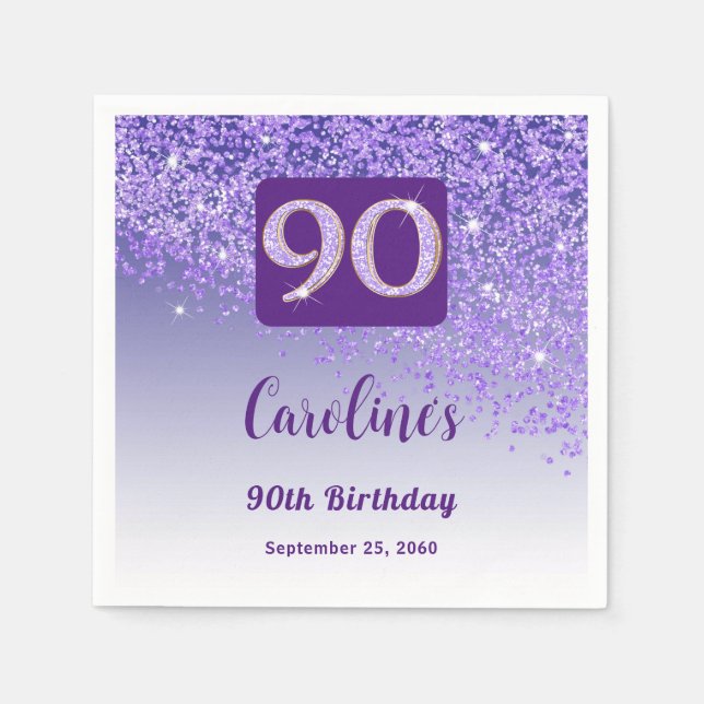 Guardanapo De Papel 90 Birthday Bonito Roxo Glitter (Frente)
