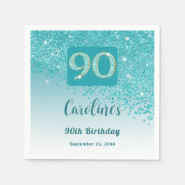 Guardanapo De Papel 90 Birthday Bonito Teal Blue Glitter Napkins