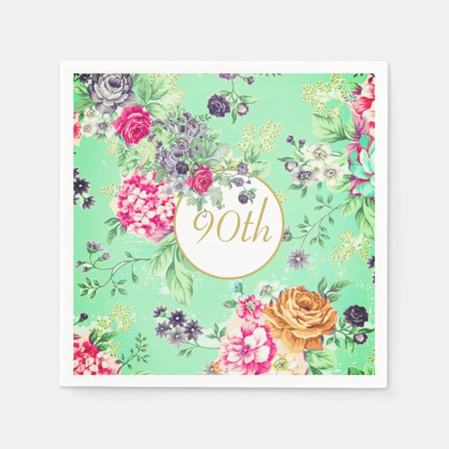 Guardanapo De Papel 90 Birthday Floral Birthday Verde Dourado (Frente)