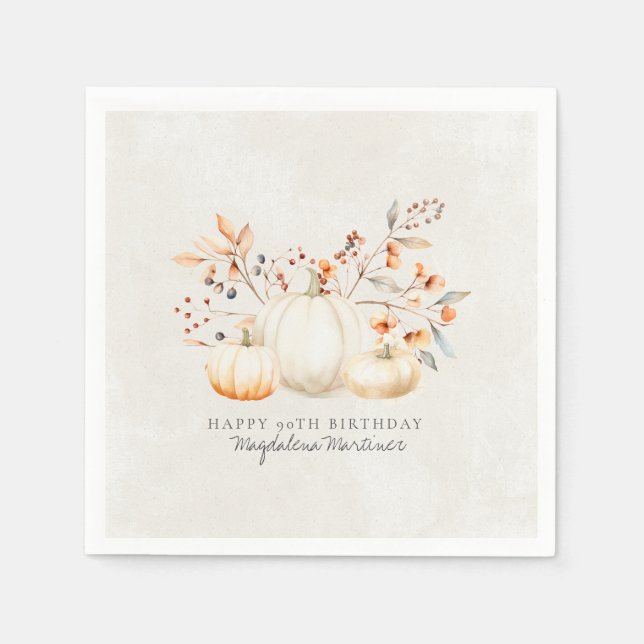 Guardanapo De Papel 90 Birthday White Pumpkin Fall Folha Personalizada (Frente)