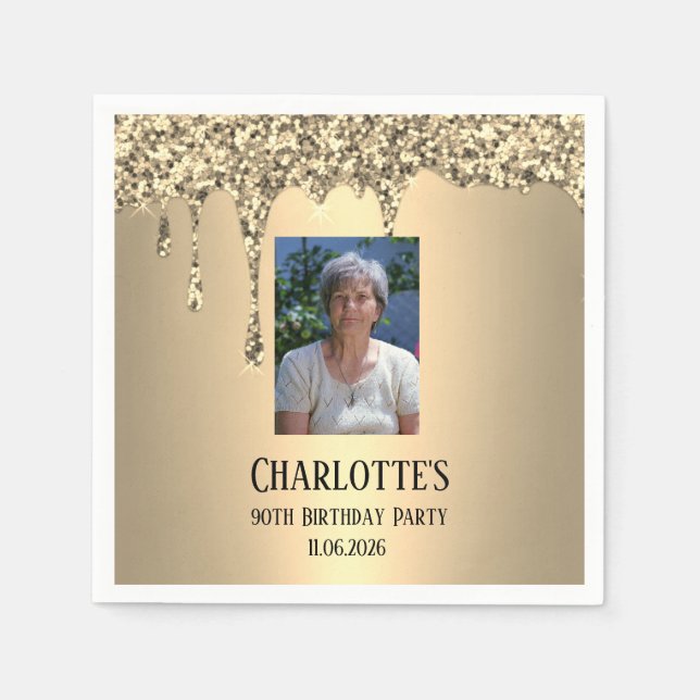 Guardanapo De Papel 90th Ninety Elegant Birthday Party Gold (Frente)