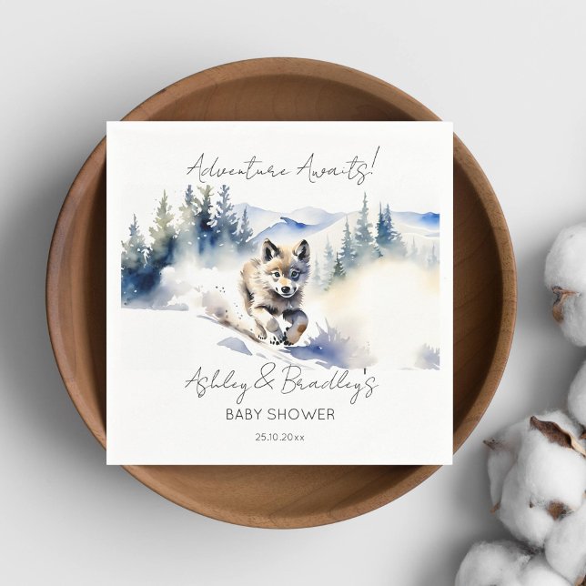 Guardanapo De Papel A aventura temida Wolf aguarda chá de fraldas (Wolf themed baby shower tableware personalized napkins watercolor cute wolf cub in Alaska wilderness)