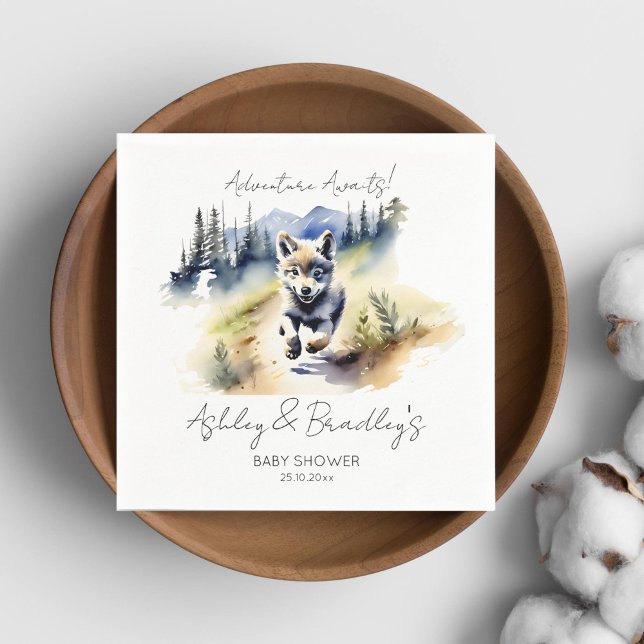 Guardanapo De Papel A aventura temida Wolf aguarda chá de fraldas com  (Wolf themed baby shower tableware watercolor cute wolf cub adventure waits personalized napkins)