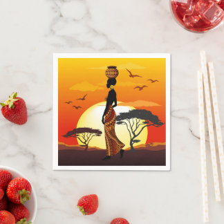 Guardanapo De Papel A linda mulher africana Silhouette sobre os sóis a