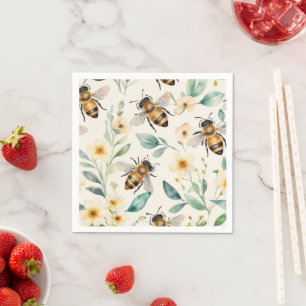 Guardanapo De Papel Abelhas e Flores - Creme Floral Mel-Mel Padrão