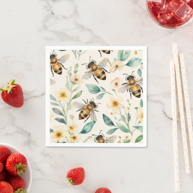 Guardanapo De Papel Abelhas e Flores - Creme Floral Mel-Mel Padrão (Insitu)