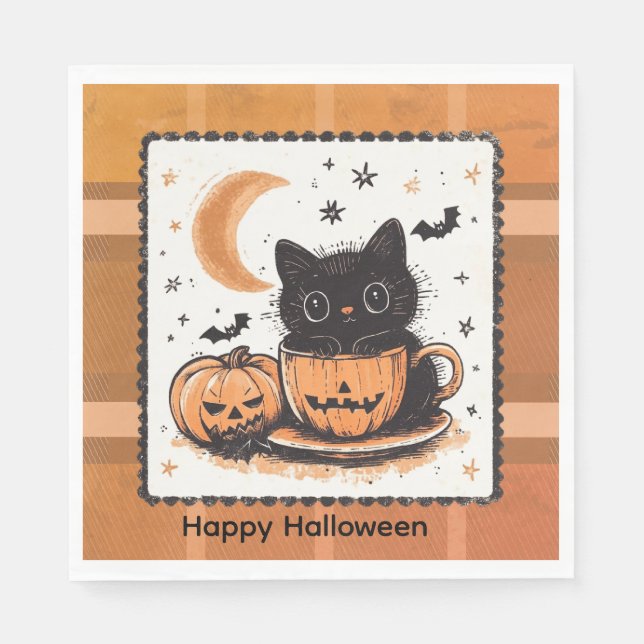 Guardanapo De Papel Abóbora de Gato Fofo de Halloween (Frente)