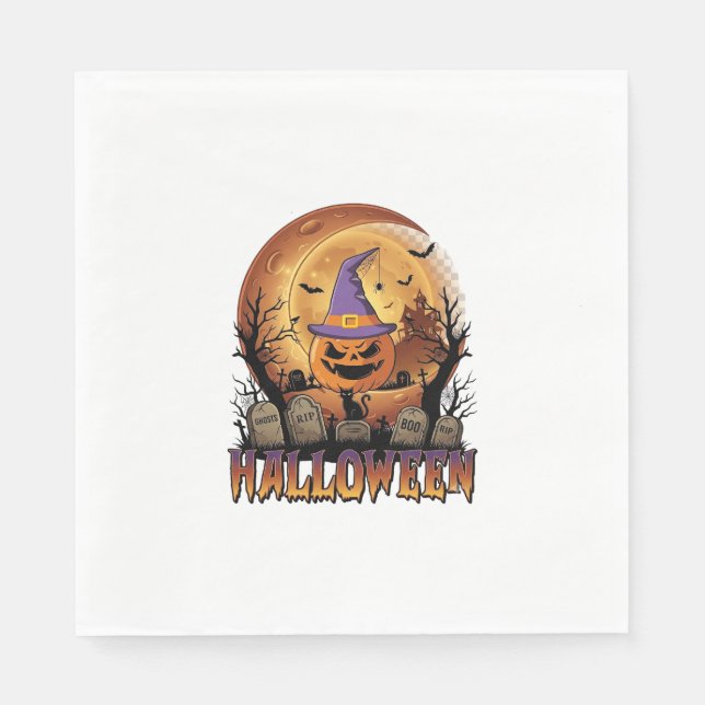 Guardanapo De Papel Abóbora de Halloween Bruxa Chapéu Gato Preto Lua C (Frente)