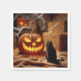 Guardanapo De Papel Abóbora de Halloween e Gato no Celeiro