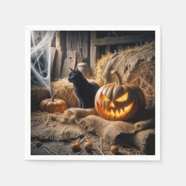 Guardanapo De Papel Abóbora de Halloween e Gato no Celeiro