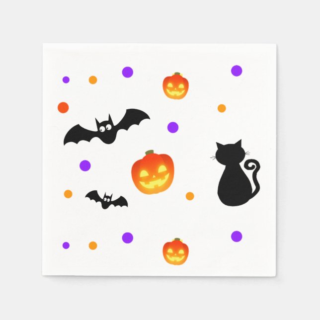 Guardanapo De Papel Abóboras de Halloween, morcegos e gatos em branco (Frente)