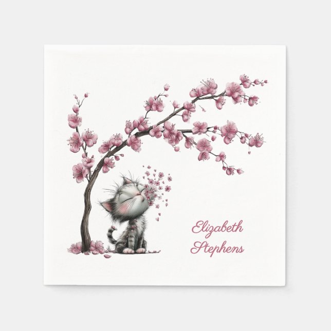 Guardanapo De Papel Adorable Cat and Cherry Blossoms Paper Napkin (Frente)