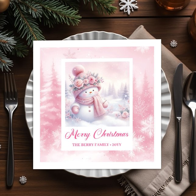 Guardanapo De Papel Adorable Pink Snowman Christmas Scene Napkins Kids (Adorable Pink Snowman Christmas Scene Napkins Kids Fun)
