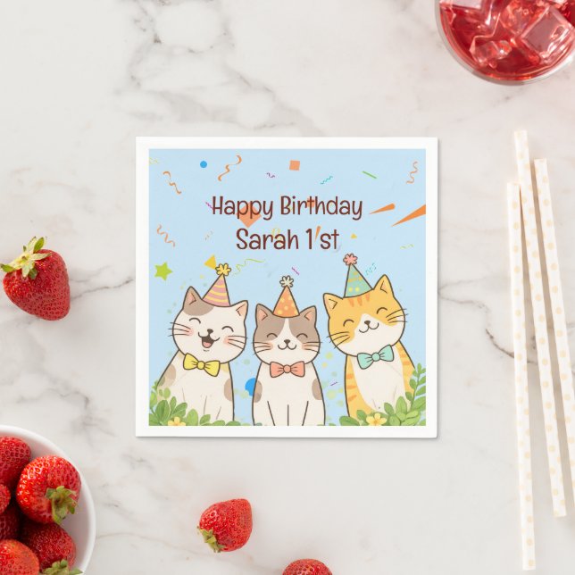 Guardanapo De Papel Adorable Trio of Birthday Cats | Custom Name & Age (Insitu)