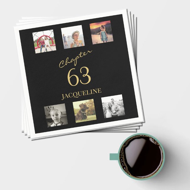 Guardanapo De Papel Adulto 6 Foto Dourada Aniversário Preto (Black and gold paper napkin for any birthday with 6 photo collage template.)