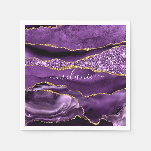 Guardanapo De Papel Agate Purple Dourado Glitter Nome Personalizado Na (Frente)