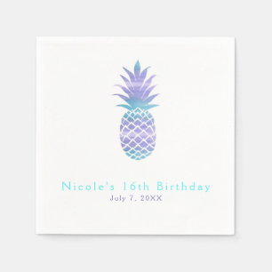Guardanapo De Papel Água Turquesa e Abacaxi Roxo Festa Tropical Chic