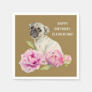 Guardanapo De Papel Aguarela do Pug e das peônias   que pinta o