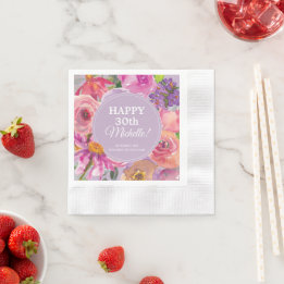 Guardanapo De Papel Aguas Florais de Aquarela Rosa Roxo 30º Aniversári