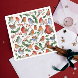 Guardanapo De Papel Alegre Pássaro Robin de Natal Vermelho Verde Aquar