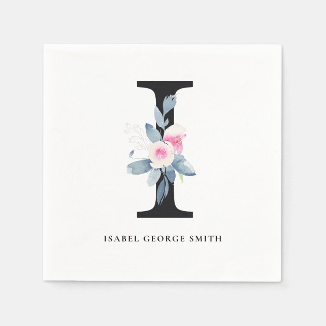 GUARDANAPO DE PAPEL ALFABETES FLORAIS AZUIS SUAVES PRETOS SUAVES LETRA (Frente)