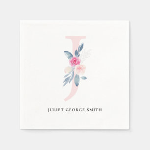 GUARDANAPO DE PAPEL ALFABETES FLORAIS BRANCOS AZUIS E SUAVES LETRA J