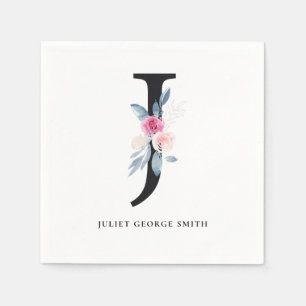 GUARDANAPO DE PAPEL ALFABETES FLORAIS BRANCOS AZUIS E SUAVES LETRA J