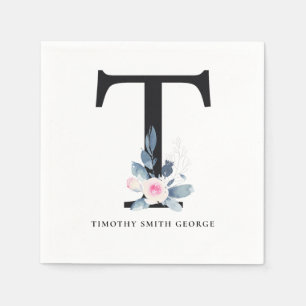 GUARDANAPO DE PAPEL ALFABETES FLORAIS BRANCOS, AZUIS E SUAVES, LETRA T