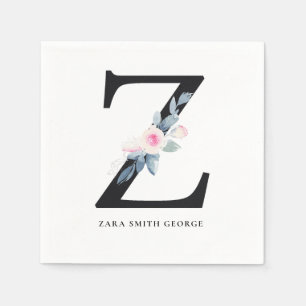 GUARDANAPO DE PAPEL ALFABETES FLORAIS BRANCOS AZUIS E SUAVES LETRA Z